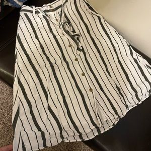 Vertical striped button and belt tie midi skirt